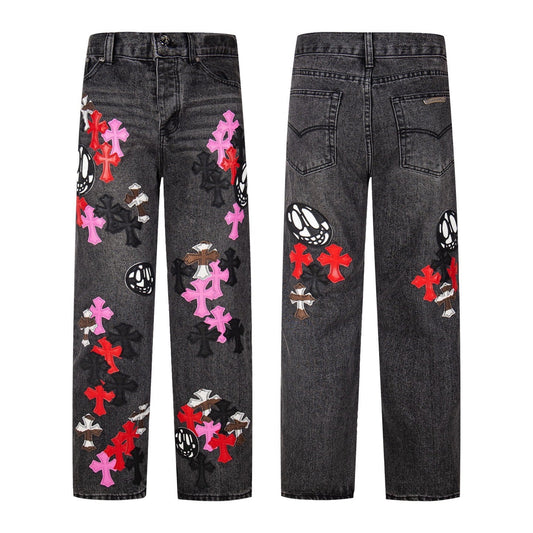 Chrome Hearts Jean en denim Multi Cross Patch - Pantalon de ville gothique gris 1111