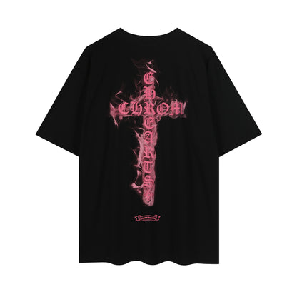 T-shirt Chrome Hearts noir à flammes roses P65