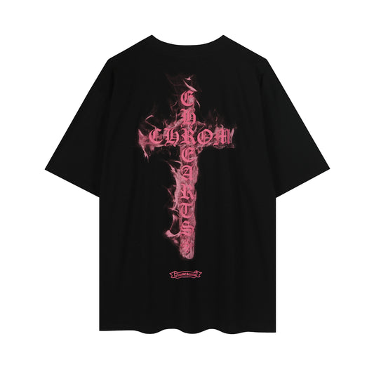 Chrome Hearts Black Base Pink Flame Cross T-shirt P65