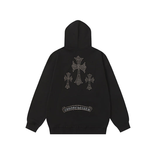 Sweat à capuche Chrome Hearts motif croix en strass - Sweat-shirt streetwear gothique noir 2633