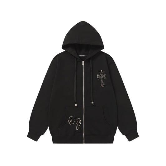 Sweat à capuche Chrome Hearts motif croix en strass - Sweat-shirt streetwear gothique noir 2633