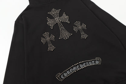 Sweat à capuche Chrome Hearts motif croix en strass - Sweat-shirt streetwear gothique noir 2633