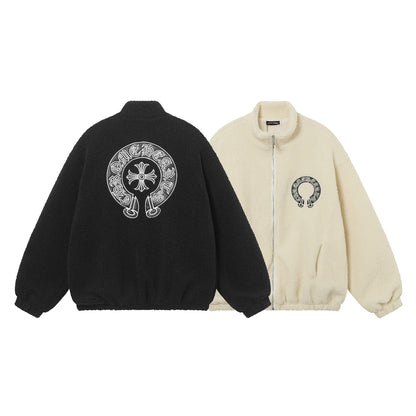Blouson Sherpa brodé fer à cheval Chrome Hearts - Manteau gothique noir crème 825