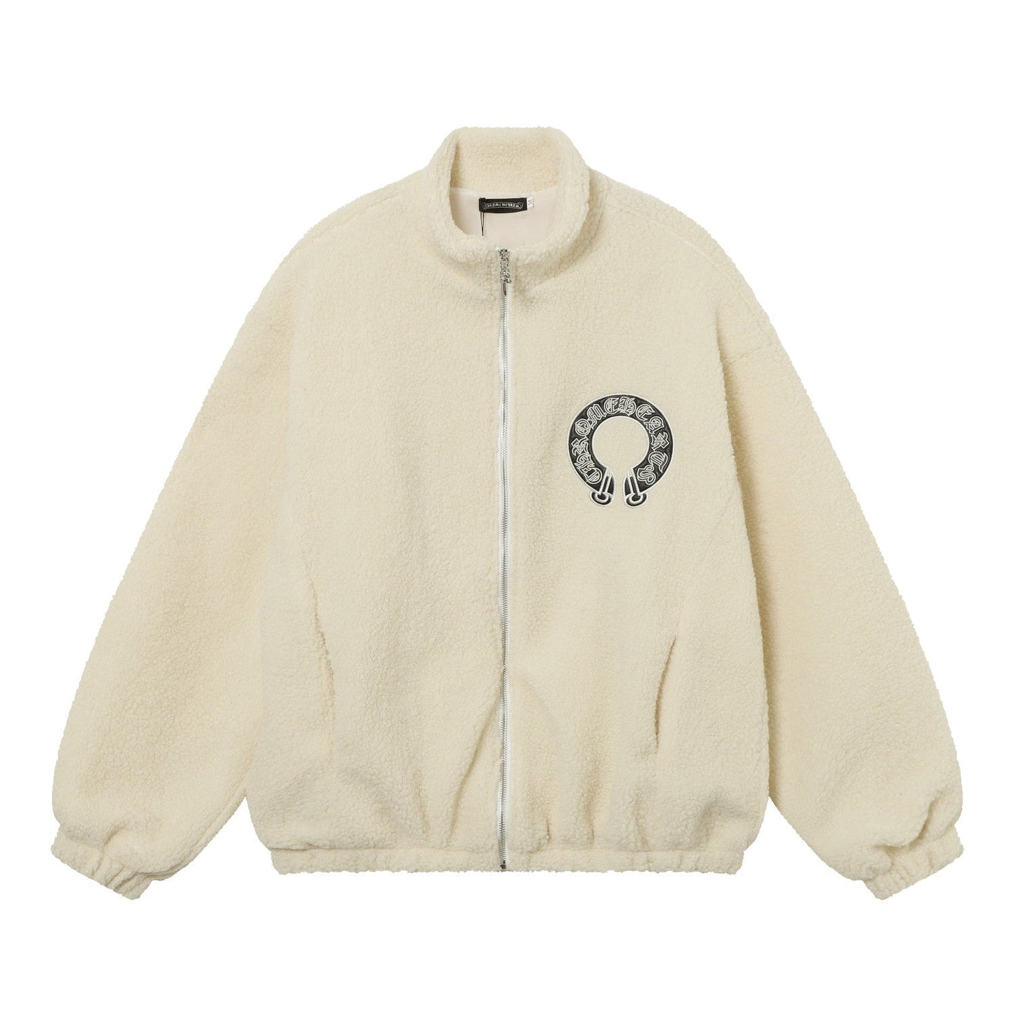 Blouson Sherpa brodé fer à cheval Chrome Hearts - Manteau gothique noir crème 825