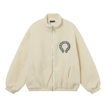 Blouson Sherpa brodé fer à cheval Chrome Hearts - Manteau gothique noir crème 825