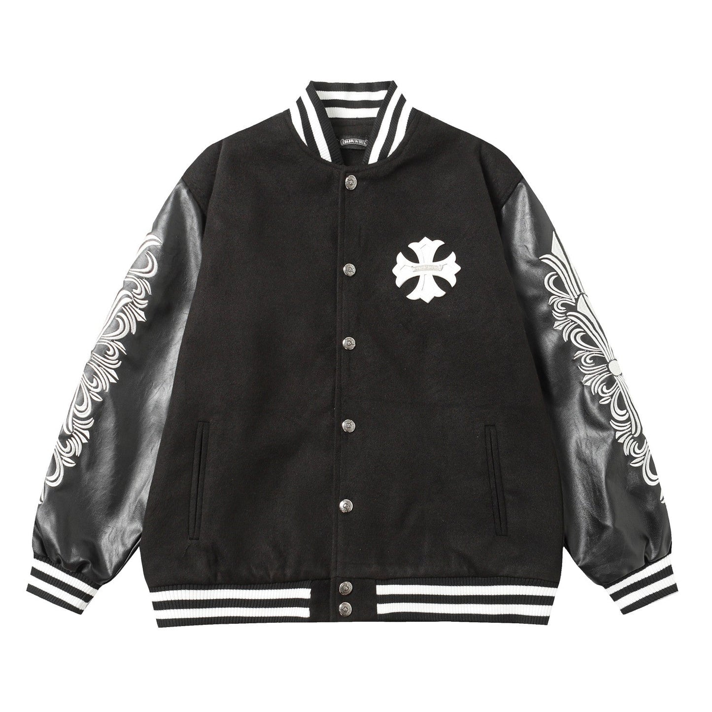 Veste Teddy Chrome Hearts avec broderie Croix et manches en cuir - Style Urbain Noir 116
