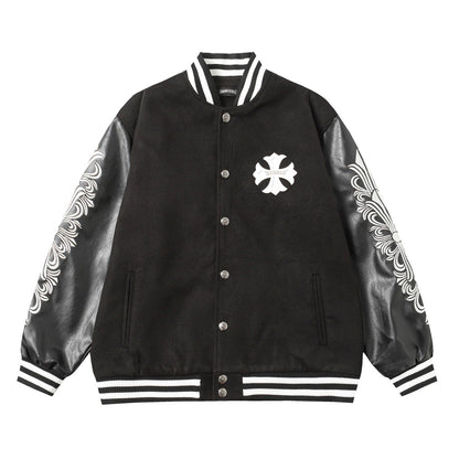 Veste Teddy Chrome Hearts avec broderie Croix et manches en cuir - Style Urbain Noir 116