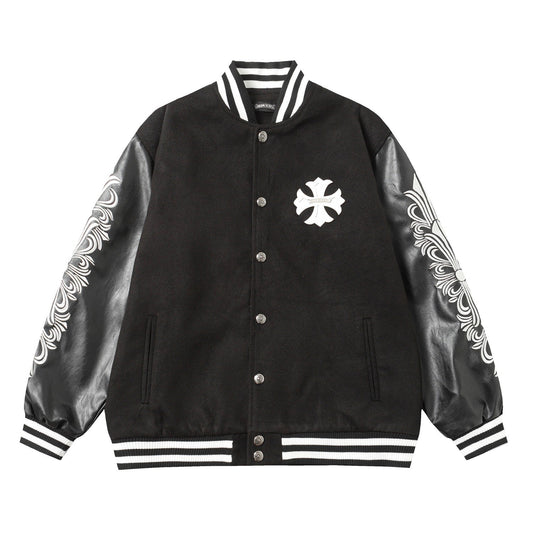 Veste Teddy Chrome Hearts avec broderie Croix et manches en cuir - Style Urbain Noir 116