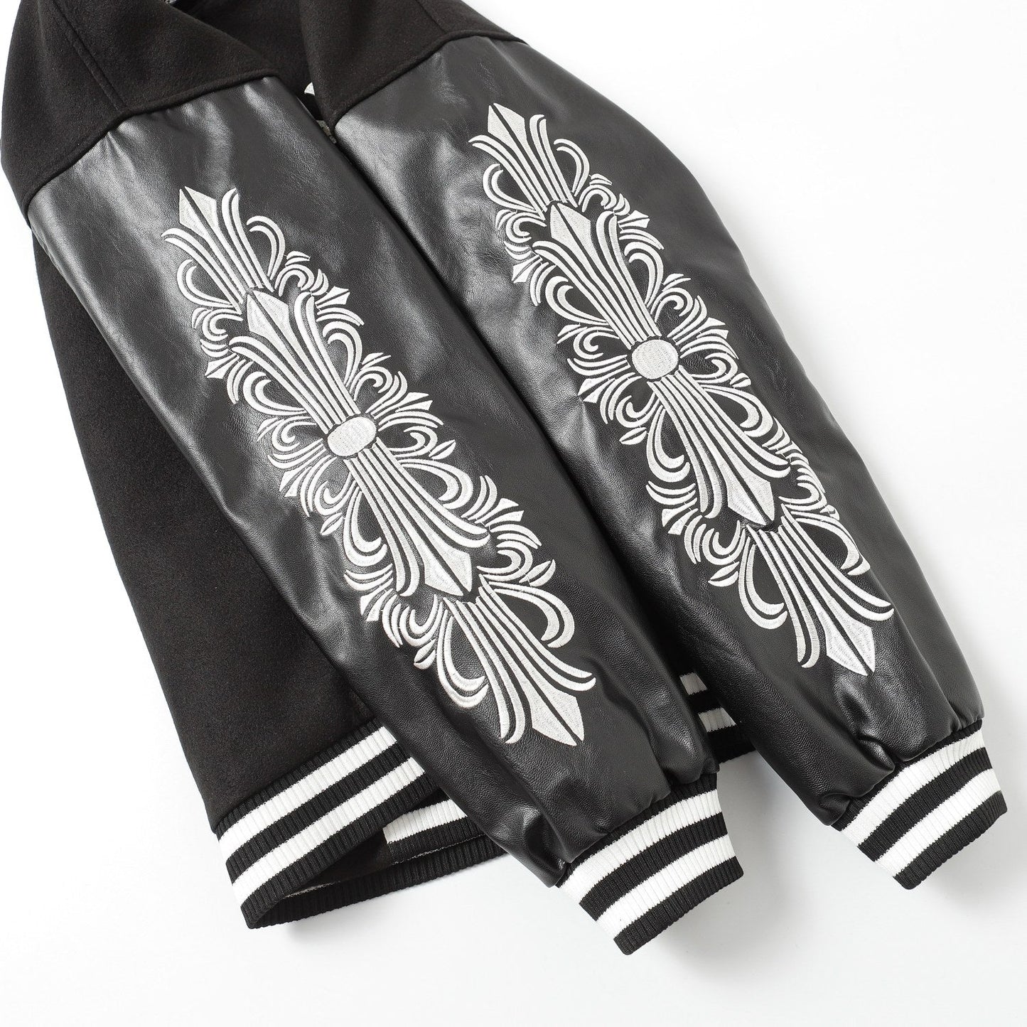 Veste Teddy Chrome Hearts avec broderie Croix et manches en cuir - Style Urbain Noir 116