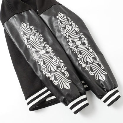 Veste Teddy Chrome Hearts avec broderie Croix et manches en cuir - Style Urbain Noir 116