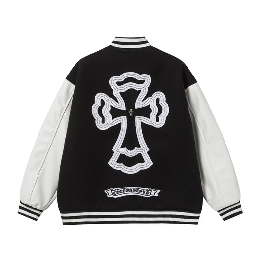 Blouson universitaire Chrome Hearts à superposition de croix – Vêtement d'extérieur style streetwear noir et blanc 2208