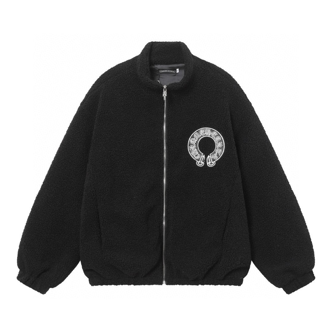 Blouson Sherpa brodé fer à cheval Chrome Hearts - Manteau gothique noir crème 825