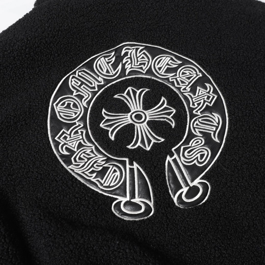 Blouson Sherpa brodé fer à cheval Chrome Hearts - Manteau gothique noir crème 825