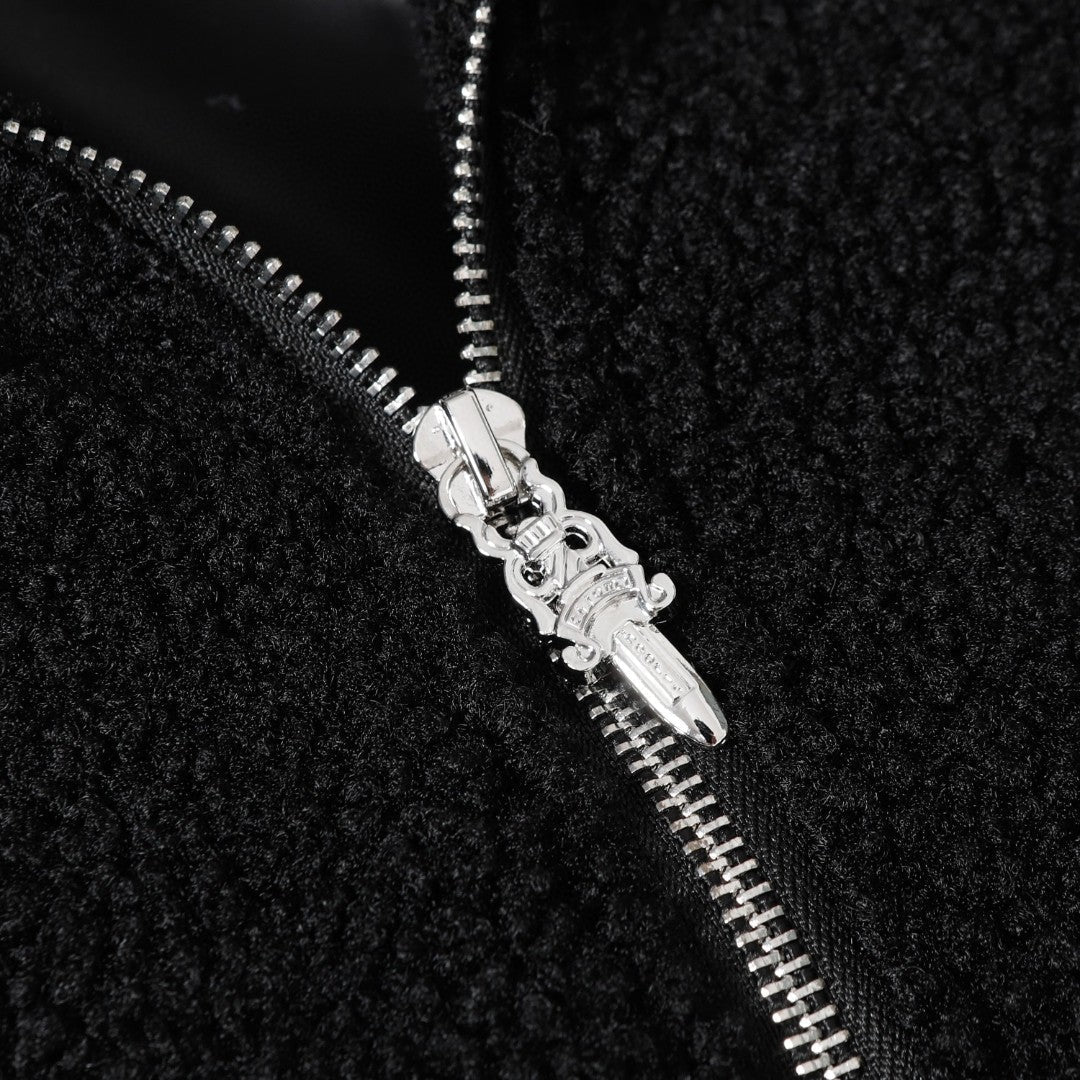 Blouson Sherpa brodé fer à cheval Chrome Hearts - Manteau gothique noir crème 825