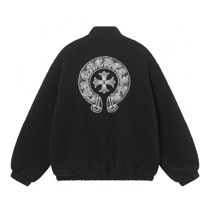 Blouson Sherpa brodé fer à cheval Chrome Hearts - Manteau gothique noir crème 825