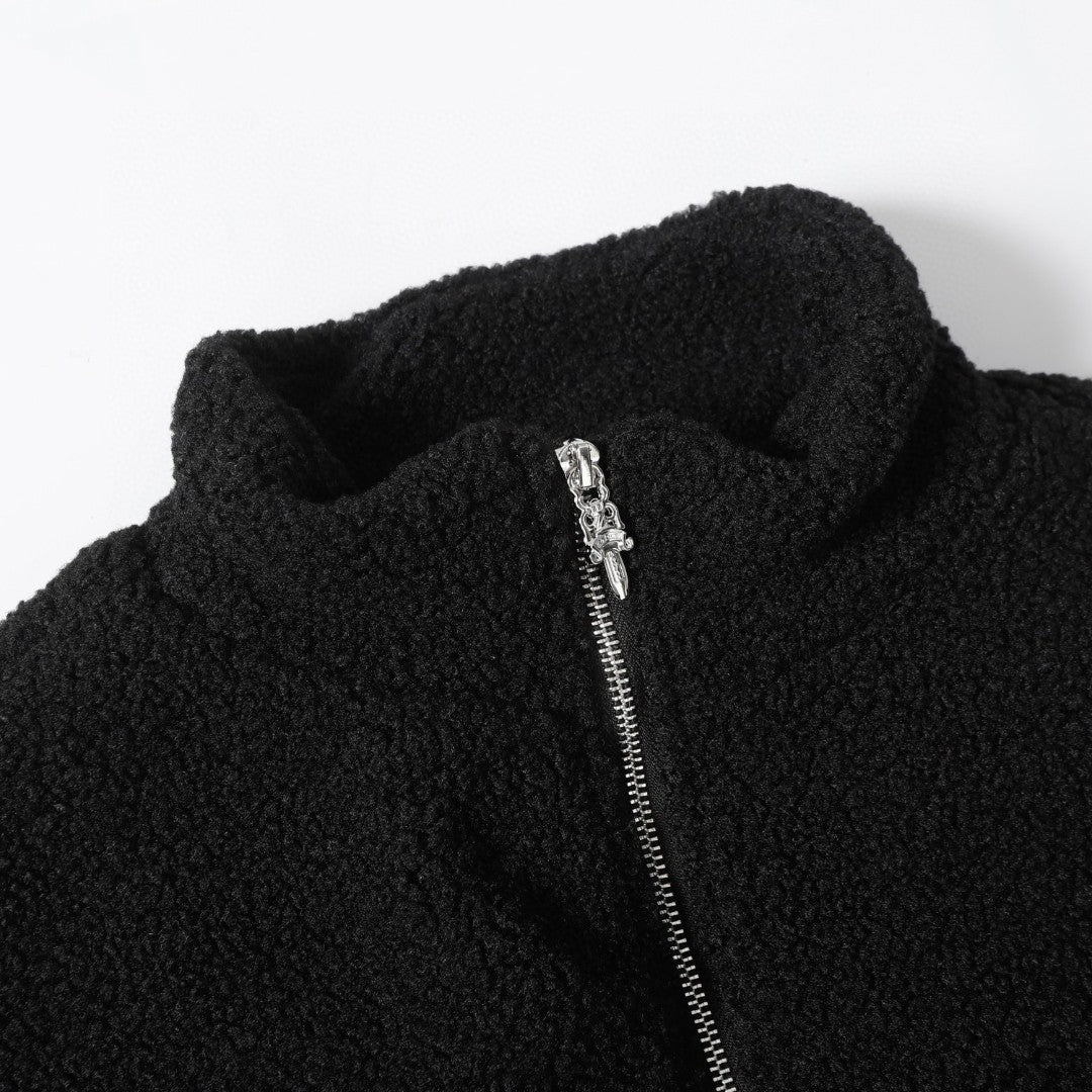 Blouson Sherpa brodé fer à cheval Chrome Hearts - Manteau gothique noir crème 825