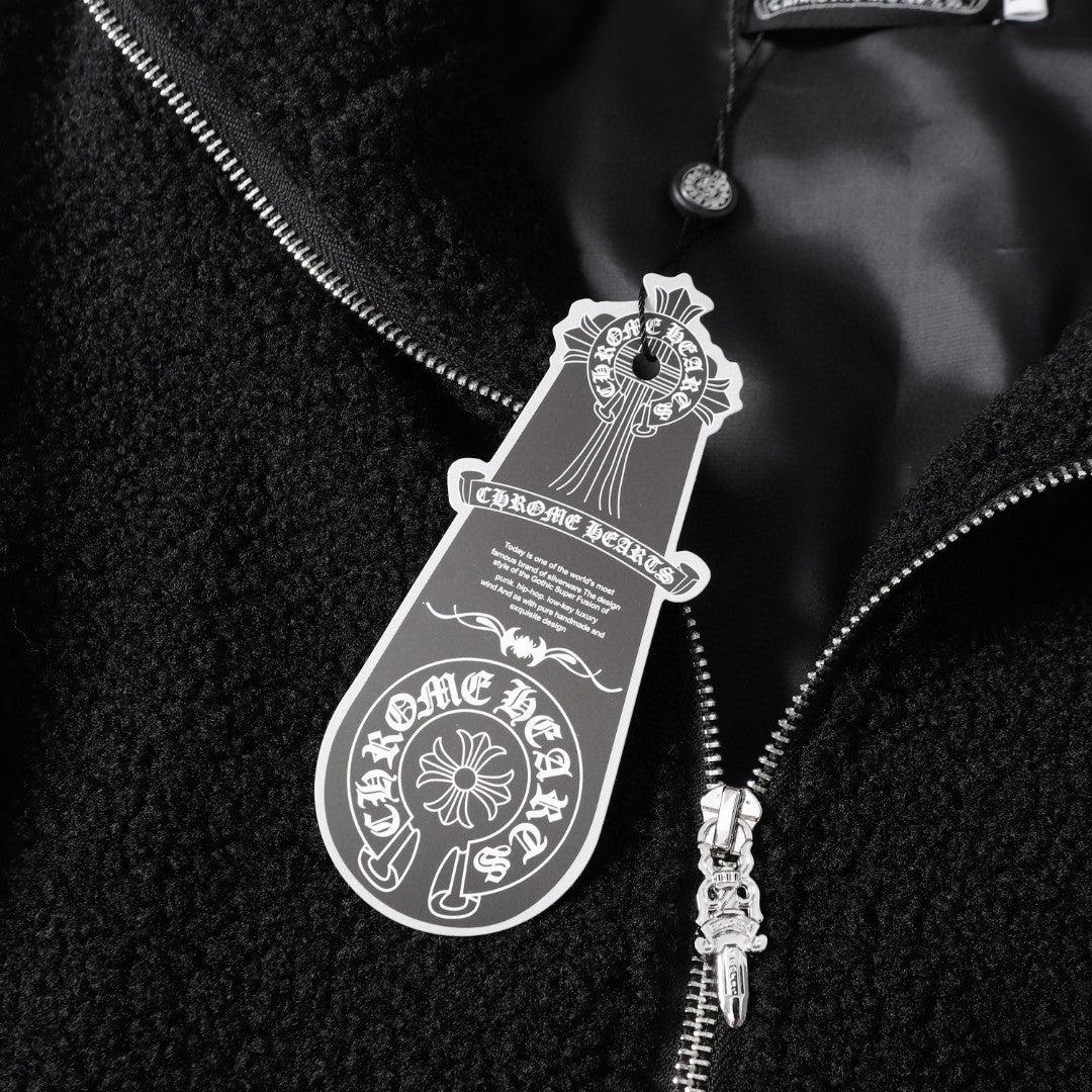 Blouson Sherpa brodé fer à cheval Chrome Hearts - Manteau gothique noir crème 825