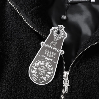 Blouson Sherpa brodé fer à cheval Chrome Hearts - Manteau gothique noir crème 825