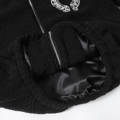 Blouson Sherpa brodé fer à cheval Chrome Hearts - Manteau gothique noir crème 825