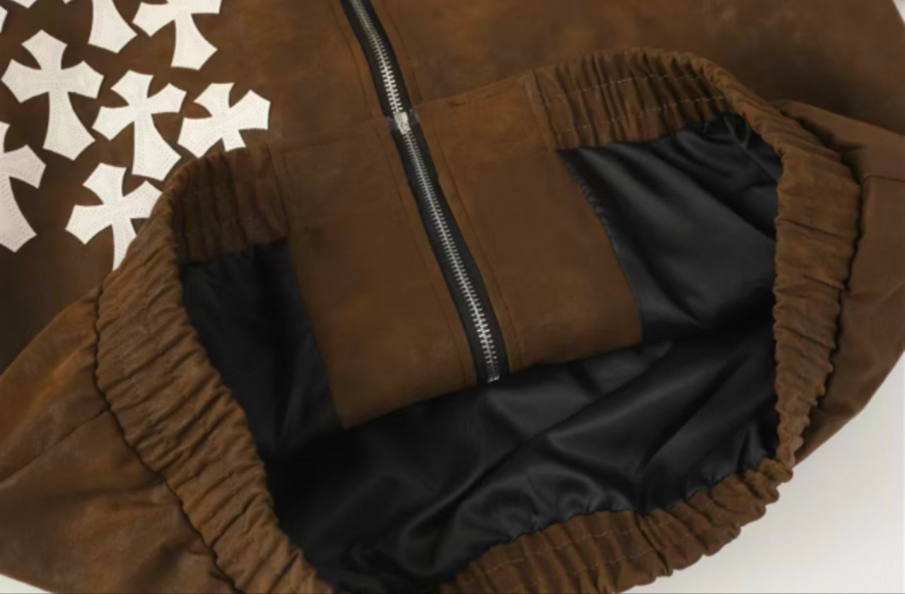 Veste en daim à croix Chrome Hearts - Vêtement d'extérieur streetwear gothique marron 8833