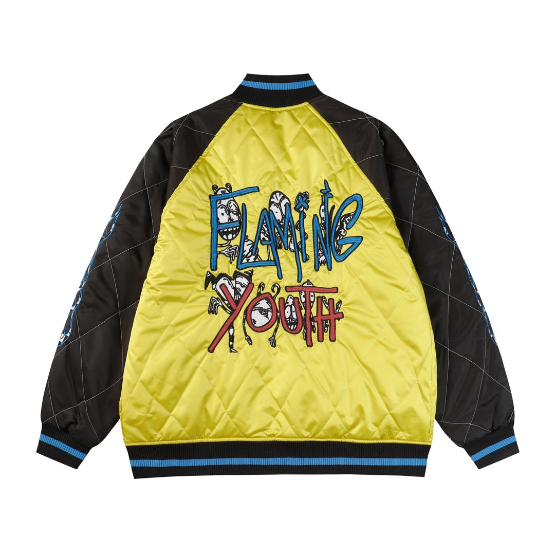 Blouson bombardier Chrome Hearts Flaming Youth - Manteau de ville graphique jaune et noir D10
