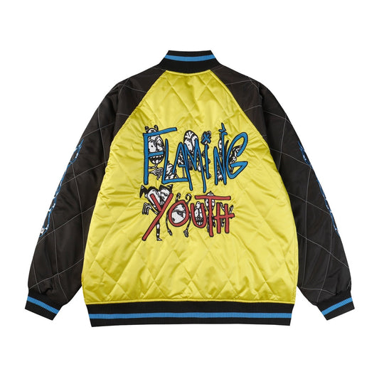 Blouson bombardier Chrome Hearts Flaming Youth - Manteau de ville graphique jaune et noir D10