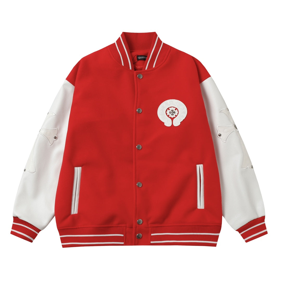 Blouson Teddy Chrome Hearts Red Cross - Manteau de Baseball Street Goth Manches Blanches D68