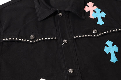 Veste en jean Chrome Hearts Multi Cross cloutée - Manteau streetwear gothique noir H49