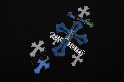T-shirt à manches courtes en denim épissé Chrome Hearts Cross Metal TB14