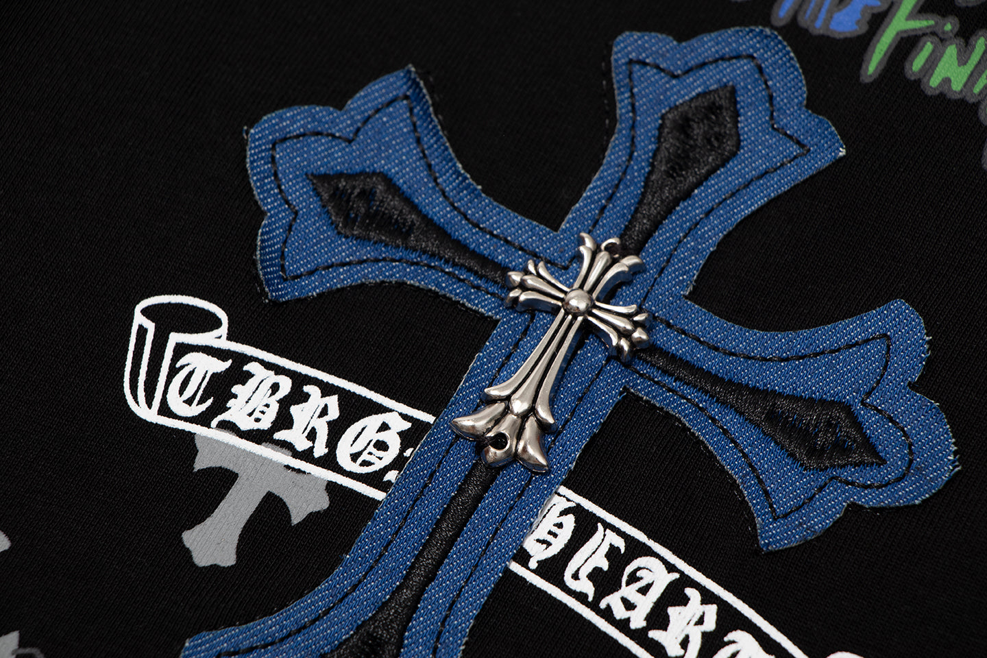T-shirt à manches courtes en denim épissé Chrome Hearts Cross Metal TB14