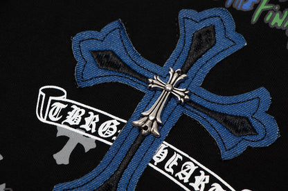 T-shirt à manches courtes en denim épissé Chrome Hearts Cross Metal TB14