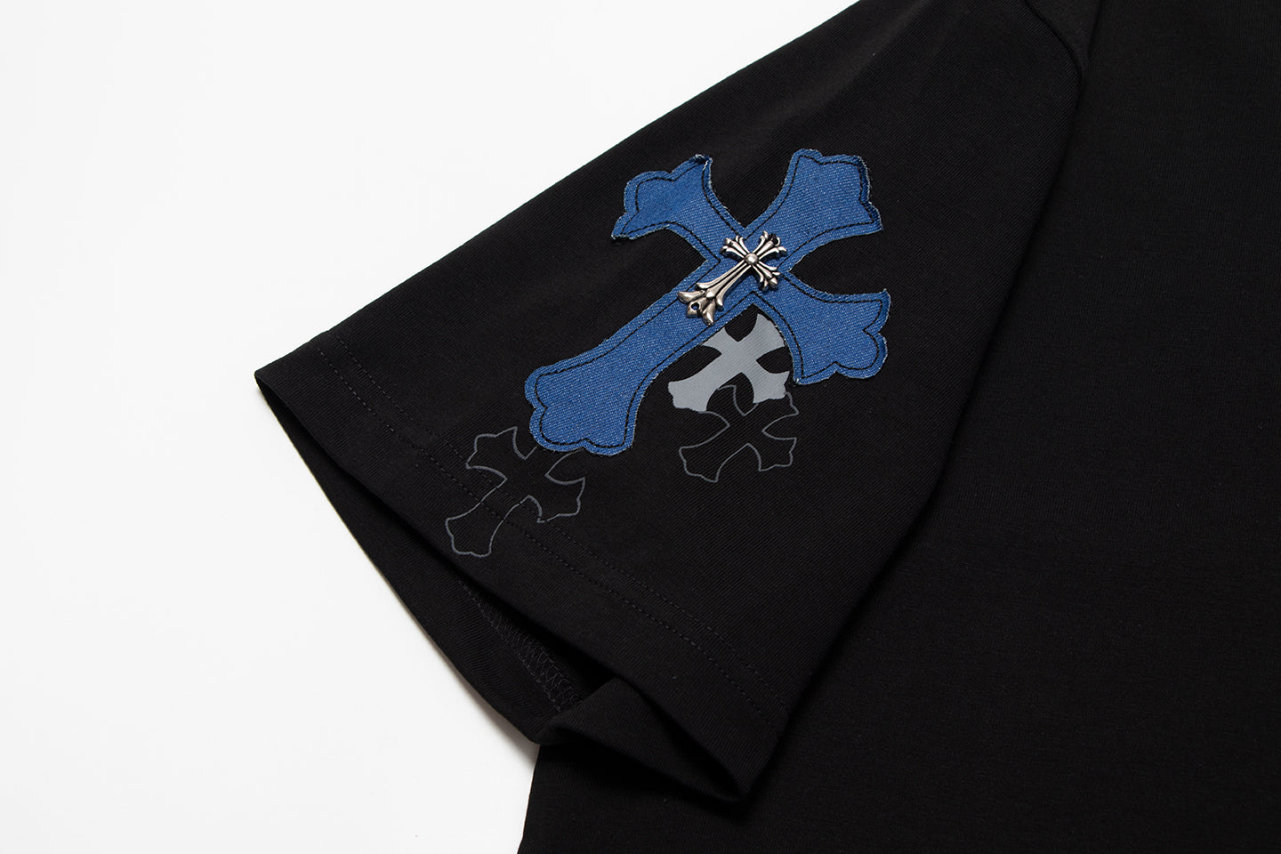 T-shirt à manches courtes en denim épissé Chrome Hearts Cross Metal TB14