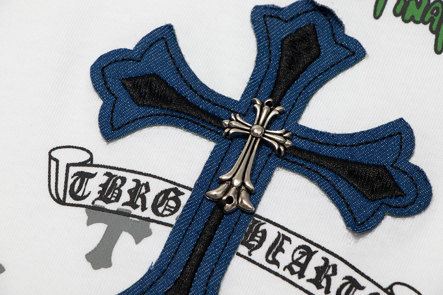 T-shirt à manches courtes en denim épissé Chrome Hearts Cross Metal TB14