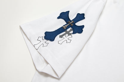 T-shirt à manches courtes en denim épissé Chrome Hearts Cross Metal TB14